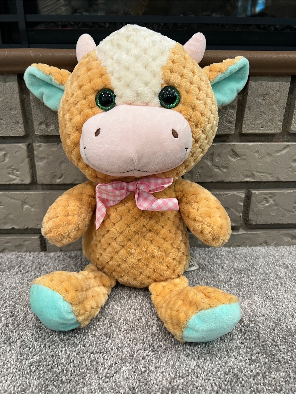 Kellytoy Tan 15” Plush Cow with Mint Accents and Pink Bow